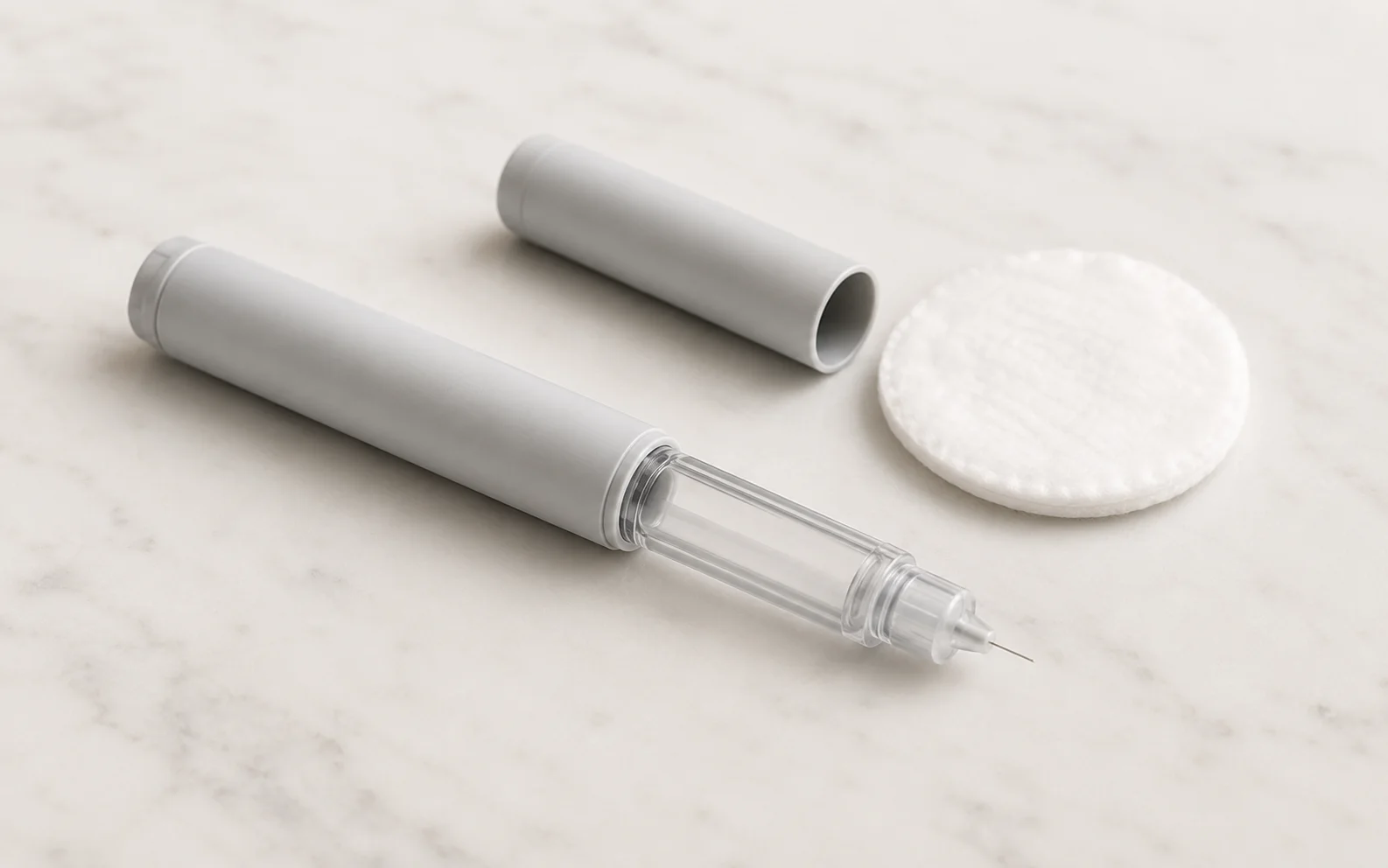 A single unbranded injection pen and a plain cotton pad on a clean surface