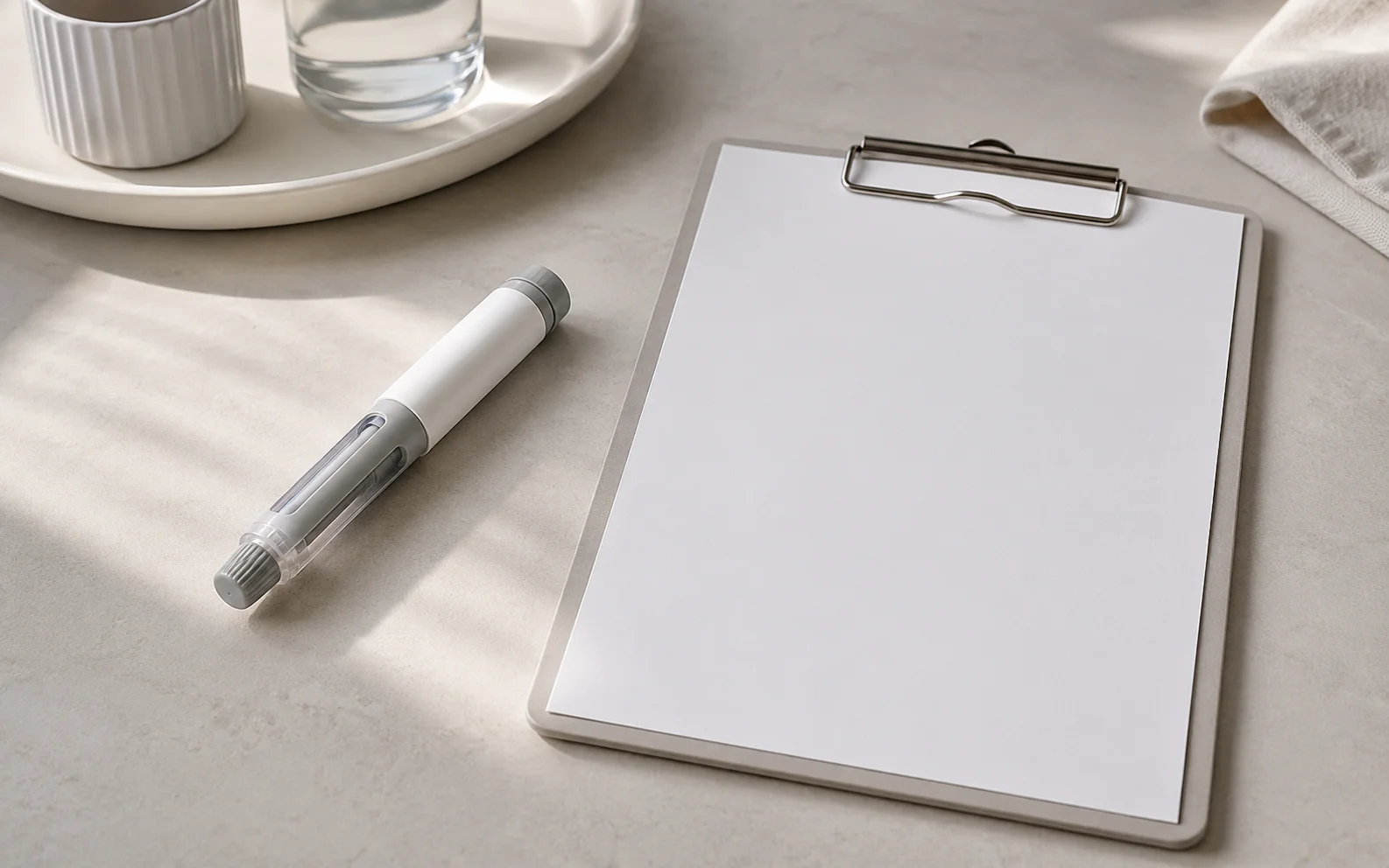 A plain unbranded medical injector pen beside a blank clipboard on a calm neutral surface