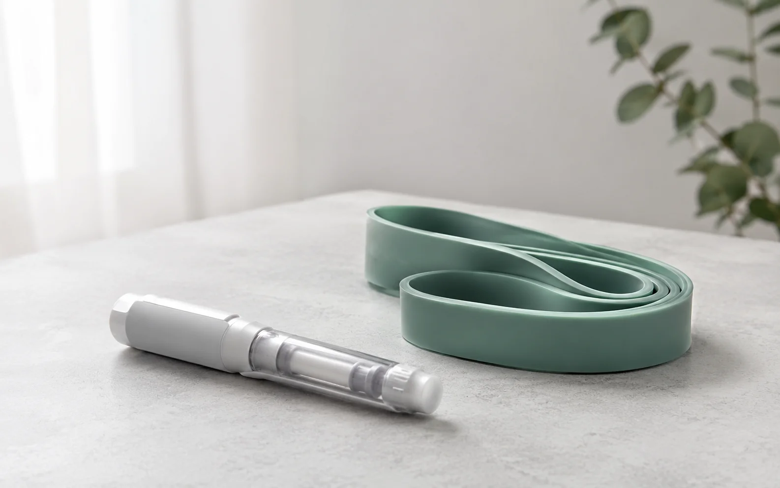 A plain unbranded medical injector pen beside a simple resistance band on a calm neutral surface