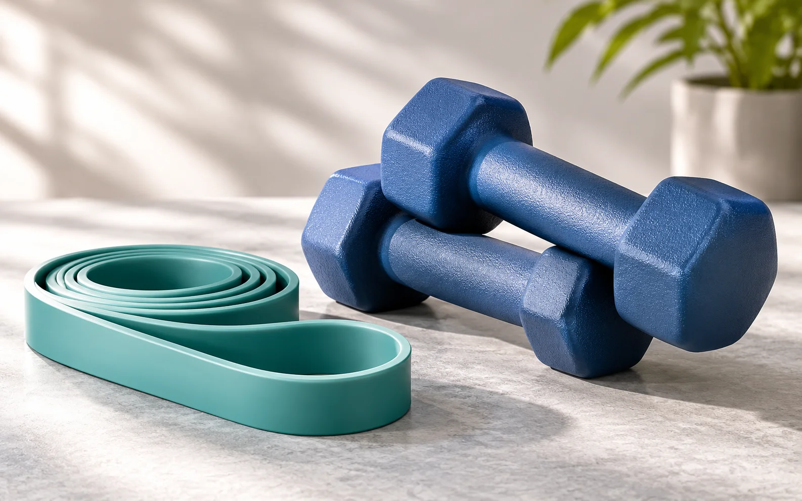 A simple pair of dumbbells and a resistance band on a calm neutral surface