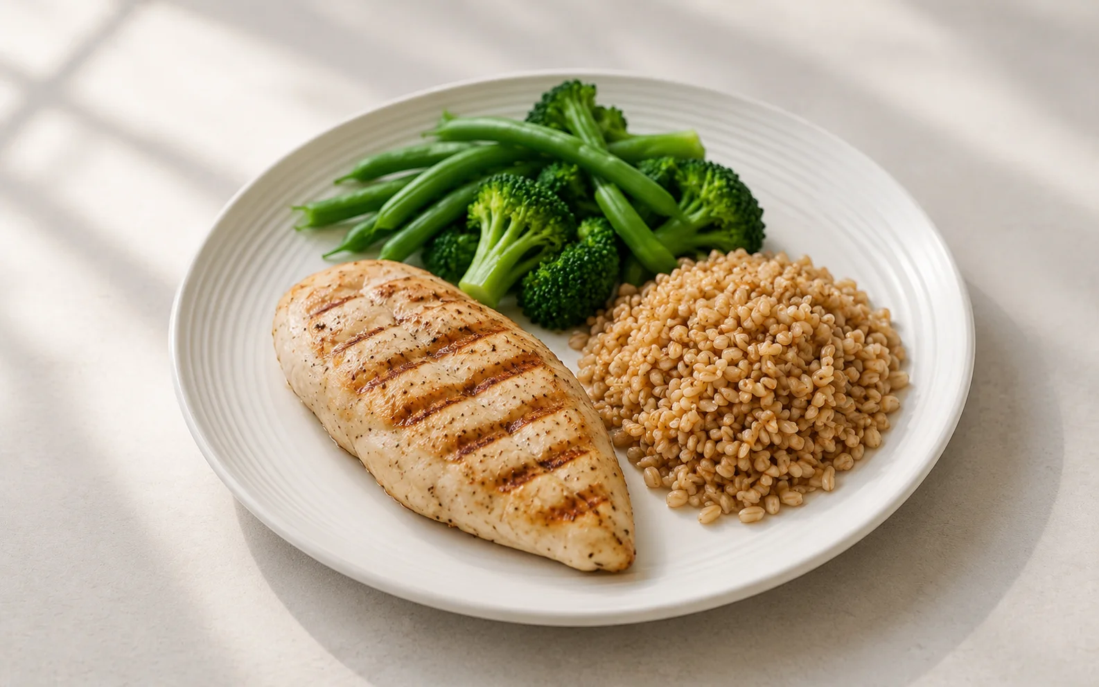 A balanced plate of lean protein and vegetables on a clean surface