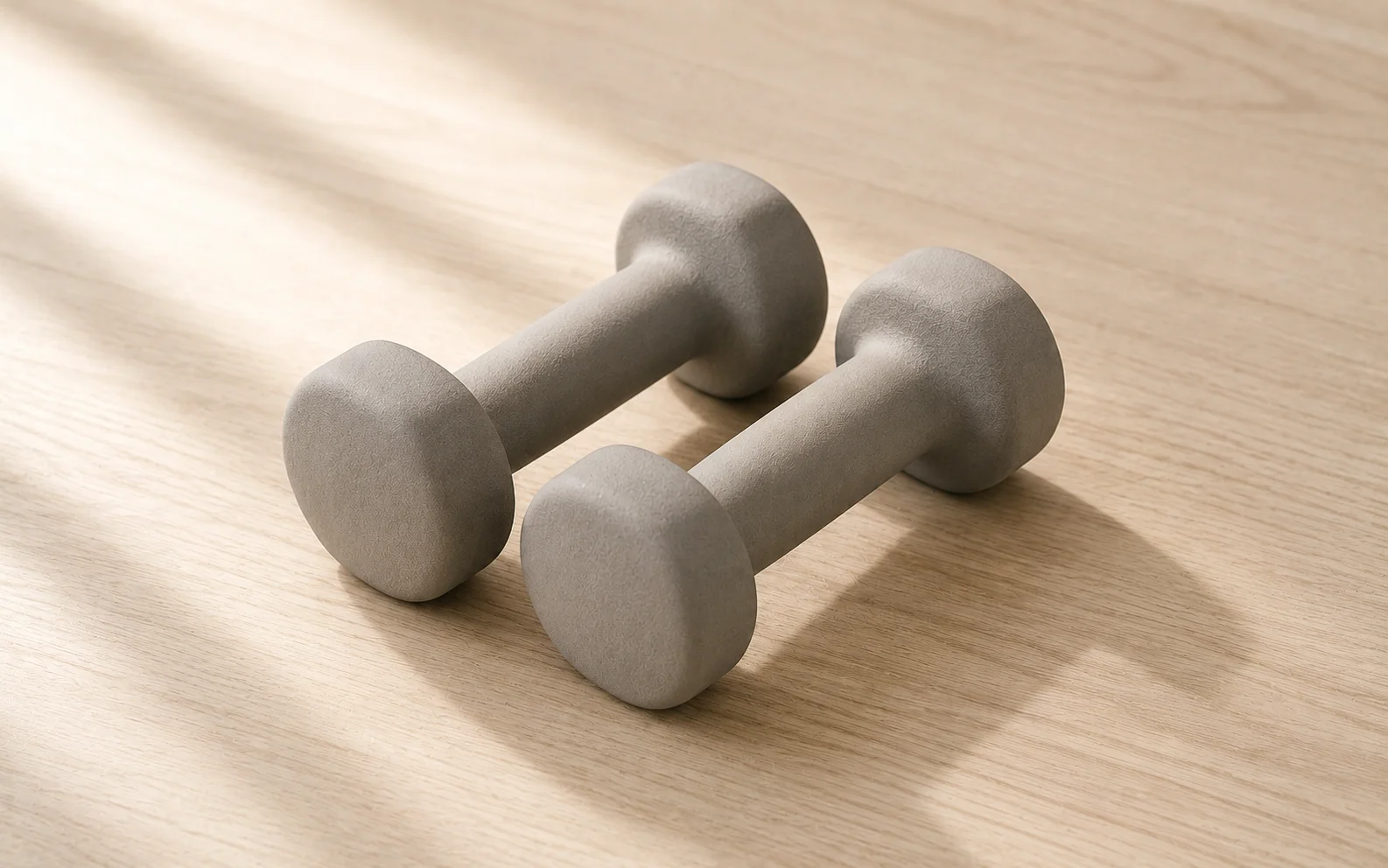 A pair of simple light dumbbells on a clean light surface