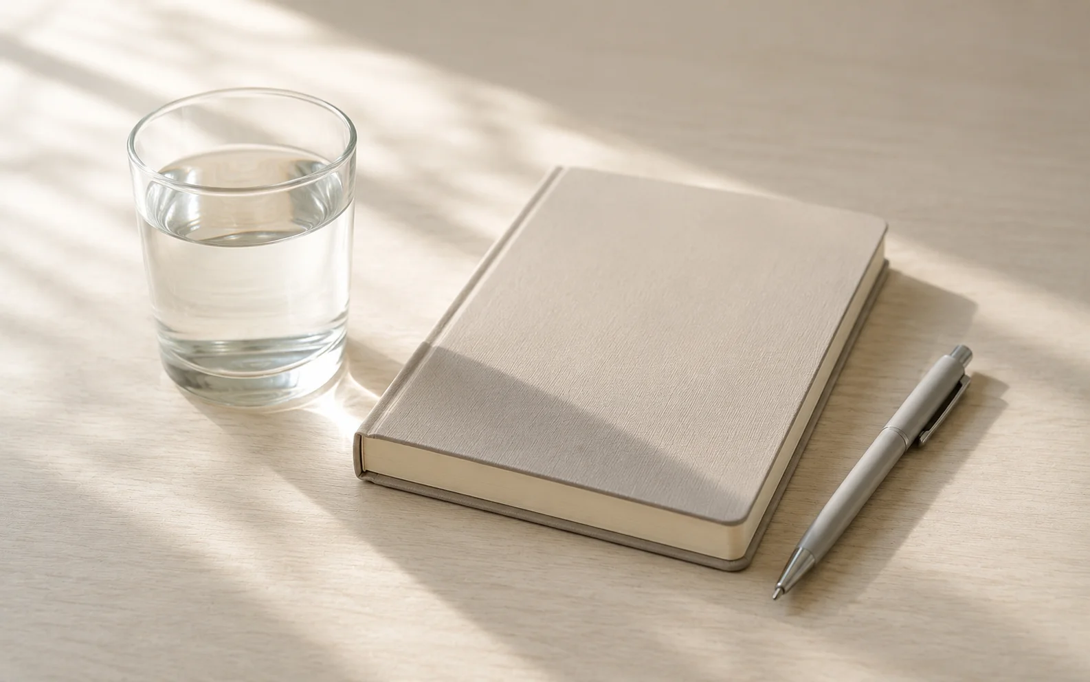 A glass of water and a plain notebook with a pen on a table