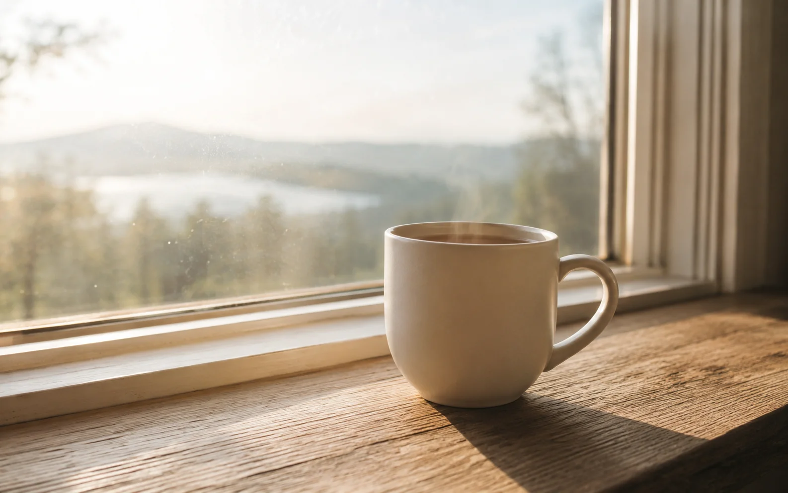 A plain cup of tea on a windowsill in soft morning light