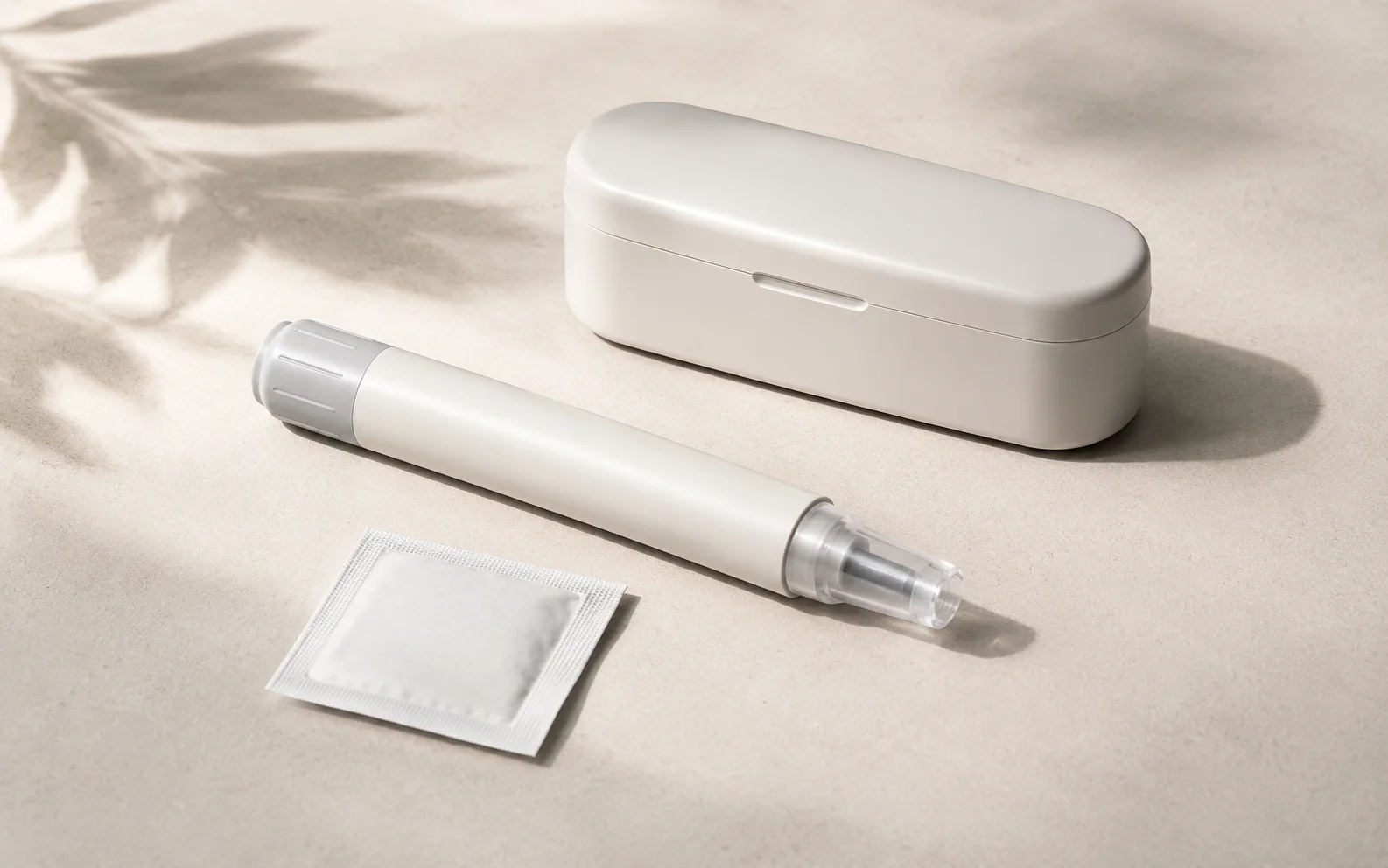 Plain unbranded injection supplies — a pen, an alcohol swab and a small container — on a clean neutral surface