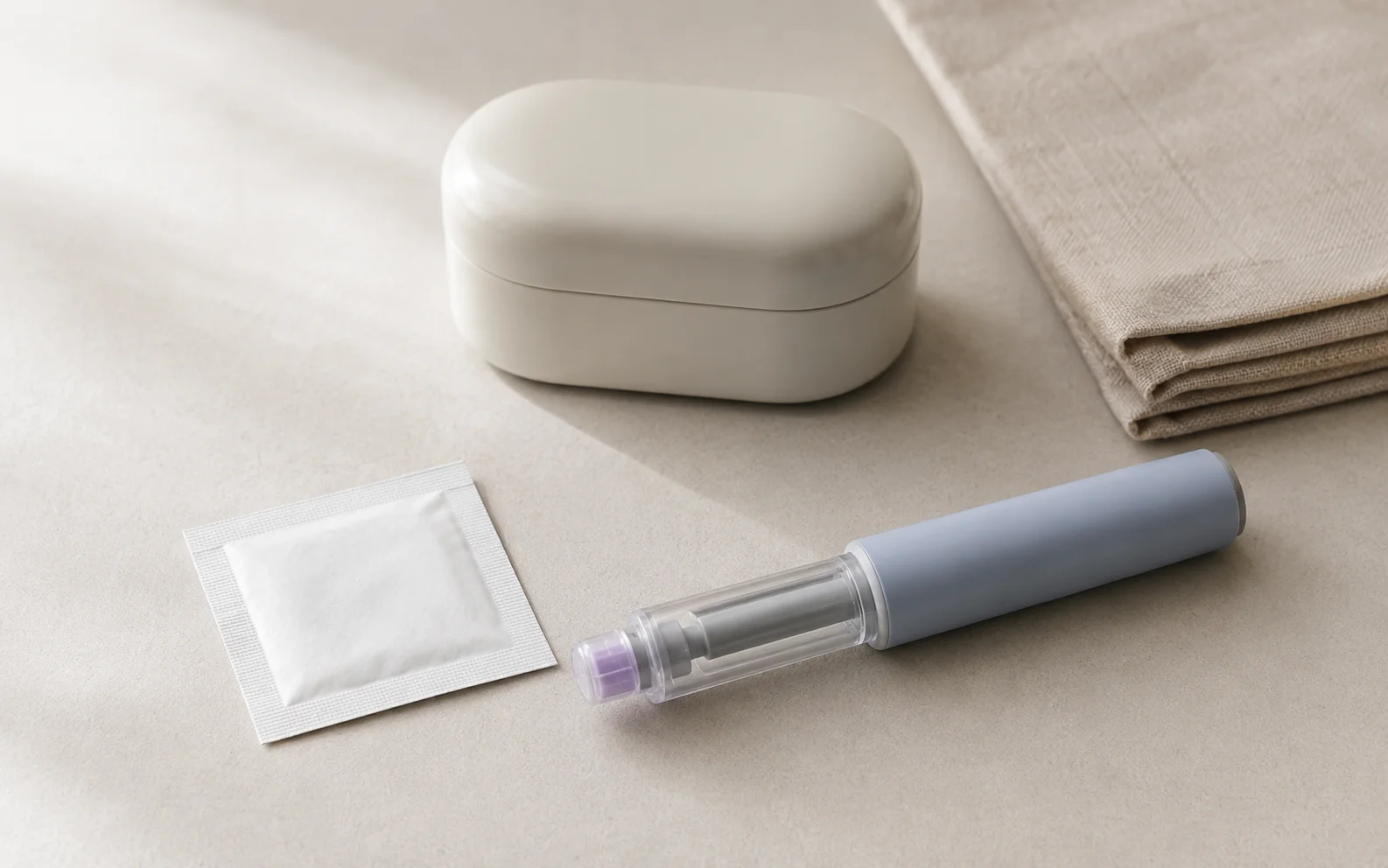 A plain unbranded vial and a syringe on a clean neutral surface with an alcohol swab