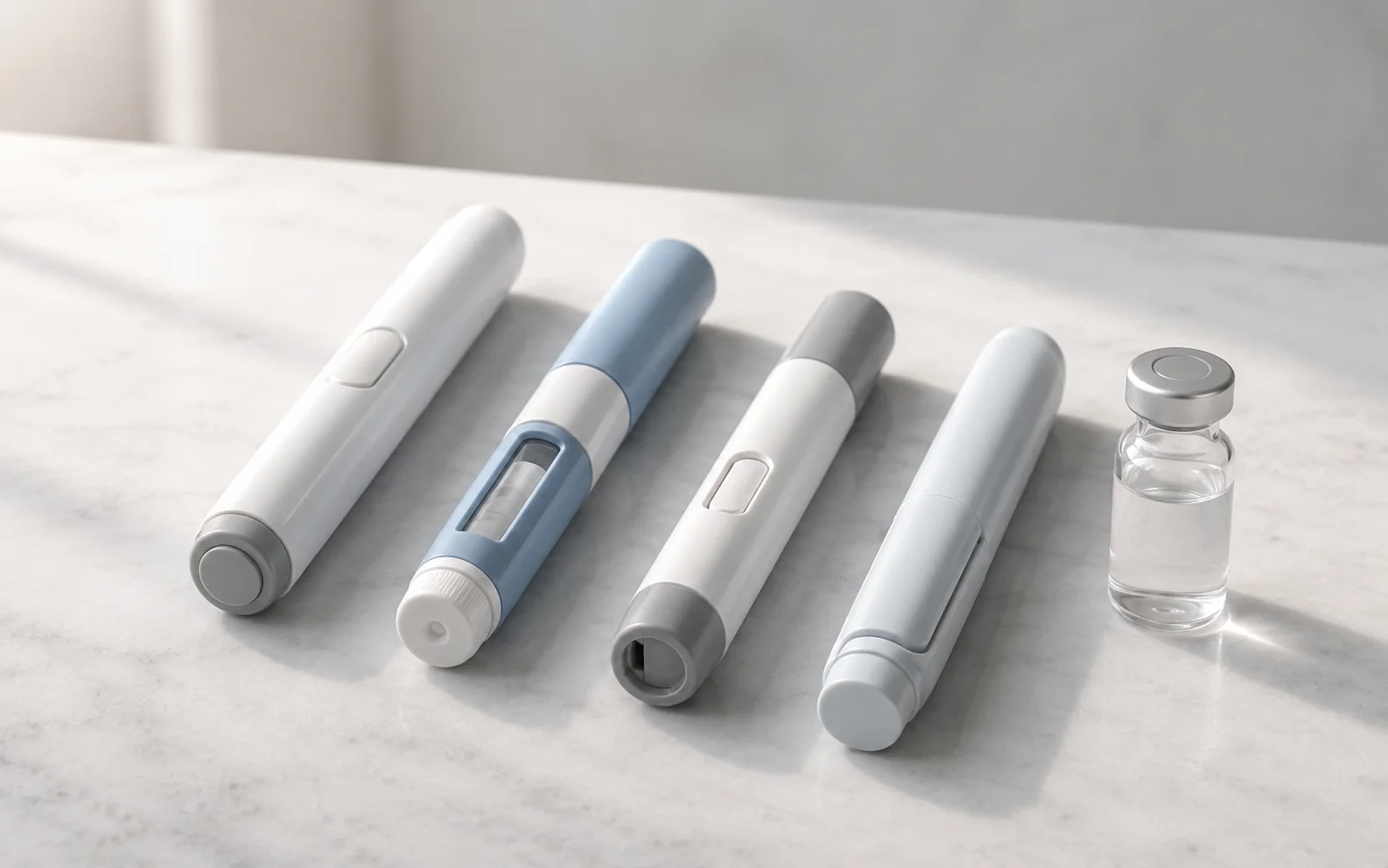 Several plain unbranded medical injector pens and a vial arranged on a clean clinical surface