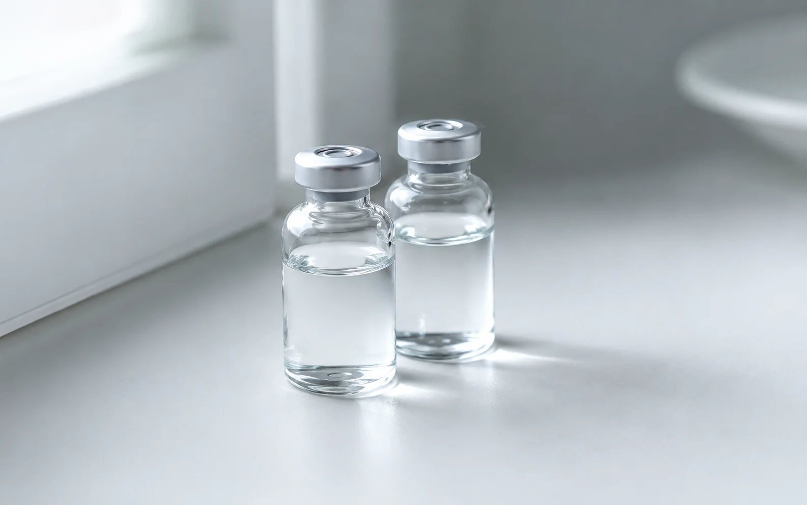 Two plain unmarked medication vials side by side on a clean clinical surface