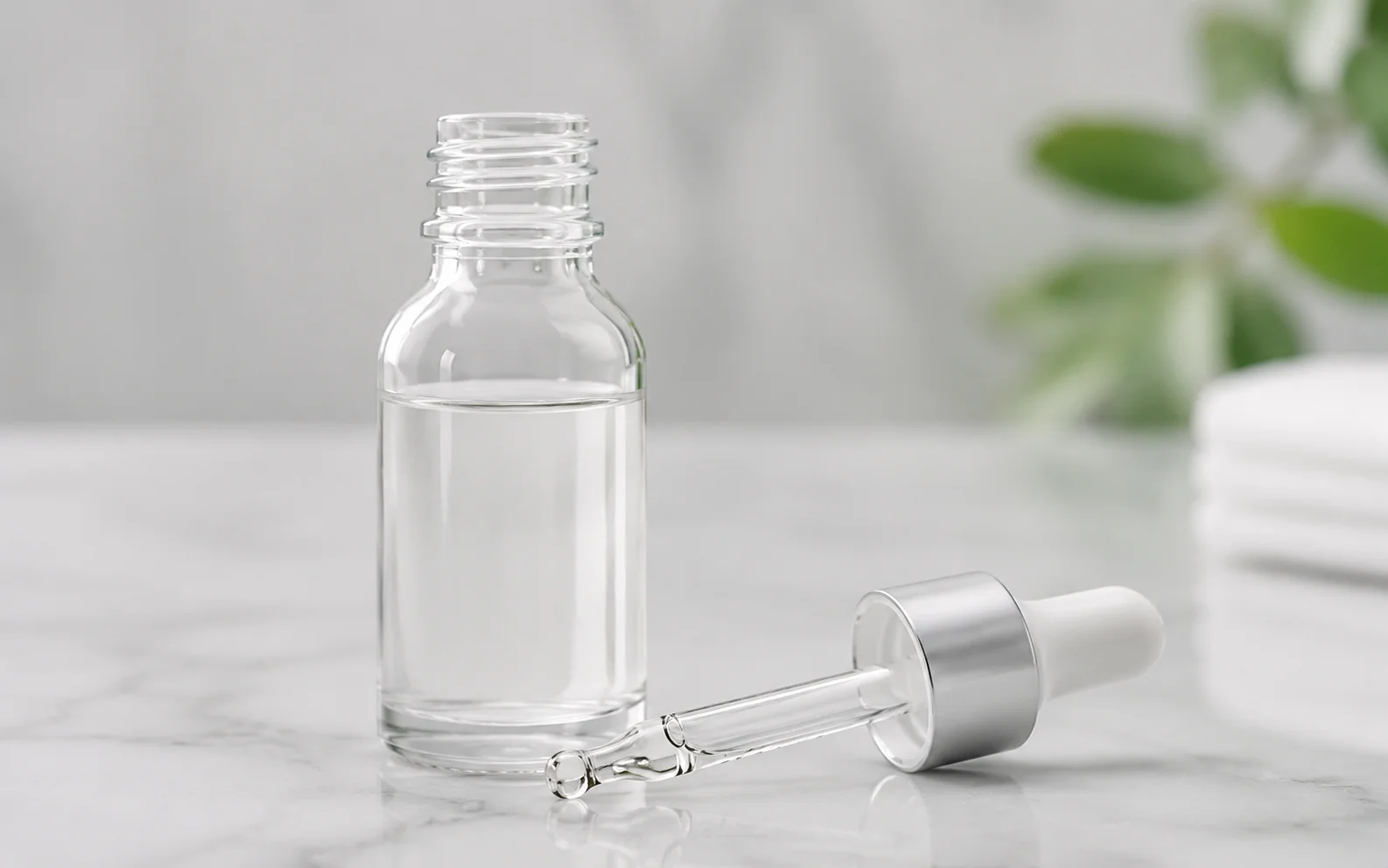 A small glass dropper bottle with a dropper of clear liquid on a clean clinical surface
