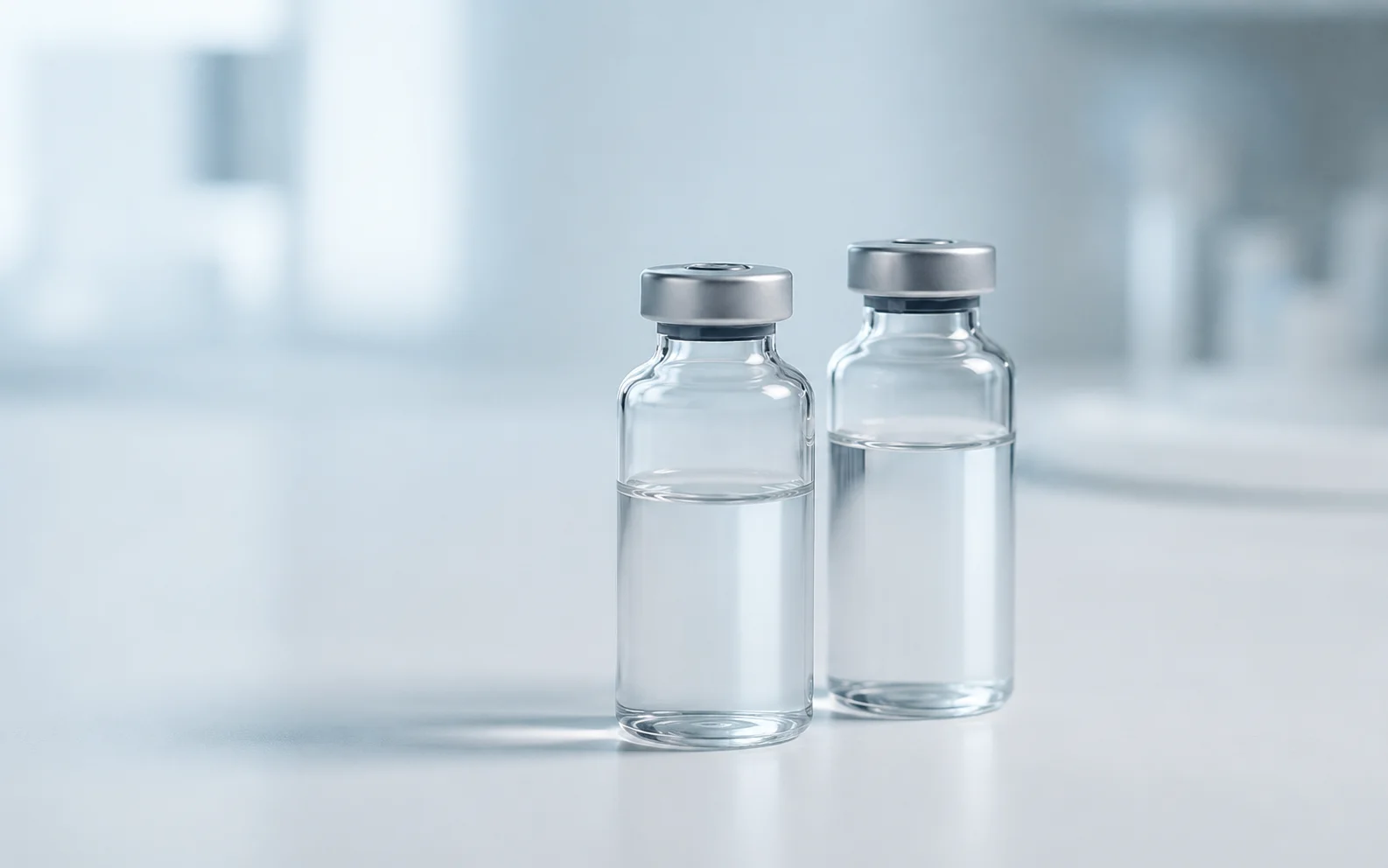 A plain unmarked medication vial with a syringe drawing liquid from it on a clean clinical surface