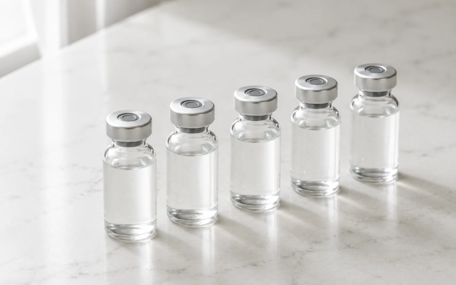 Plain unmarked glass medication vials arranged on a clean clinical surface