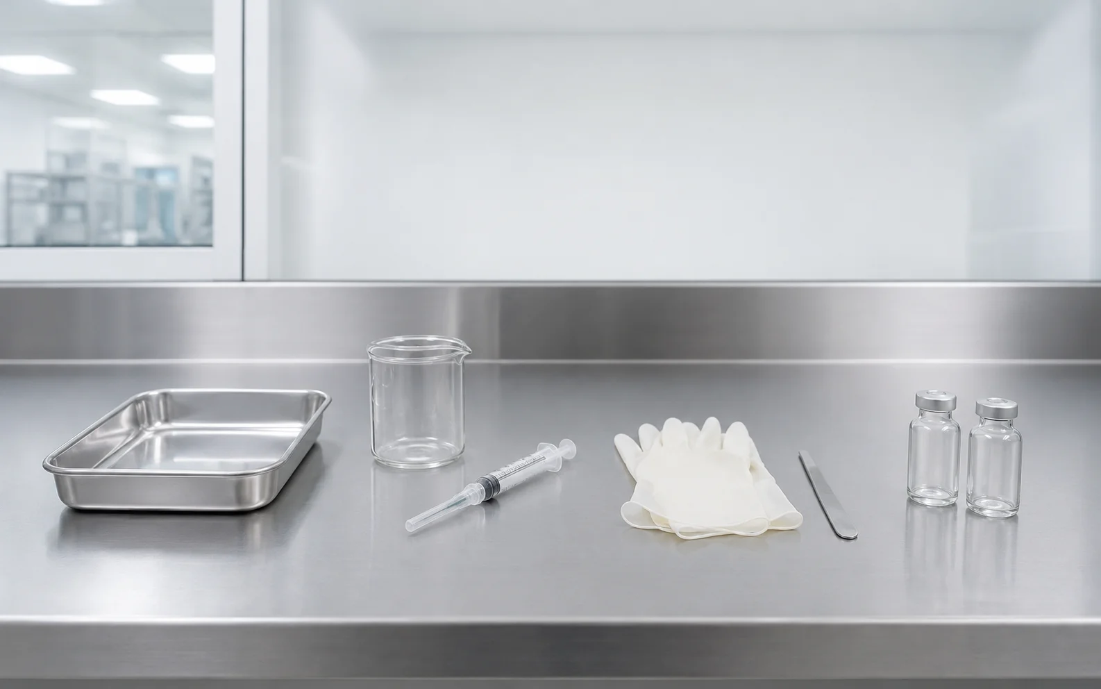 A clean stainless-steel sterile compounding surface under bright even light
