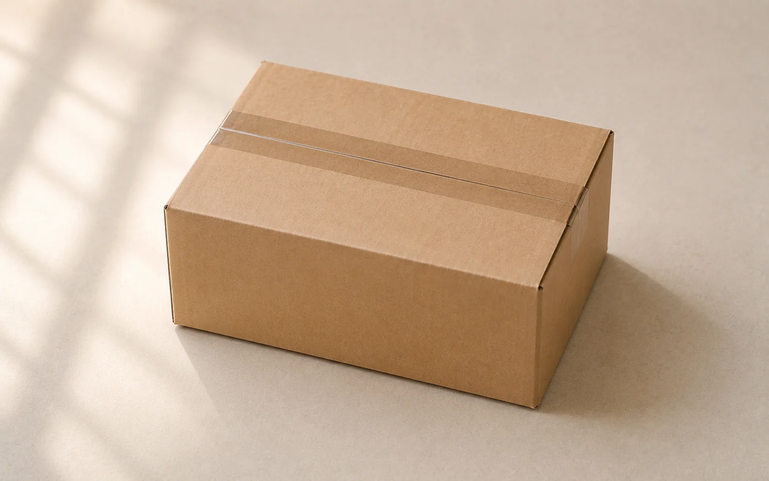 A plain unmarked cardboard shipping box on a clean light surface