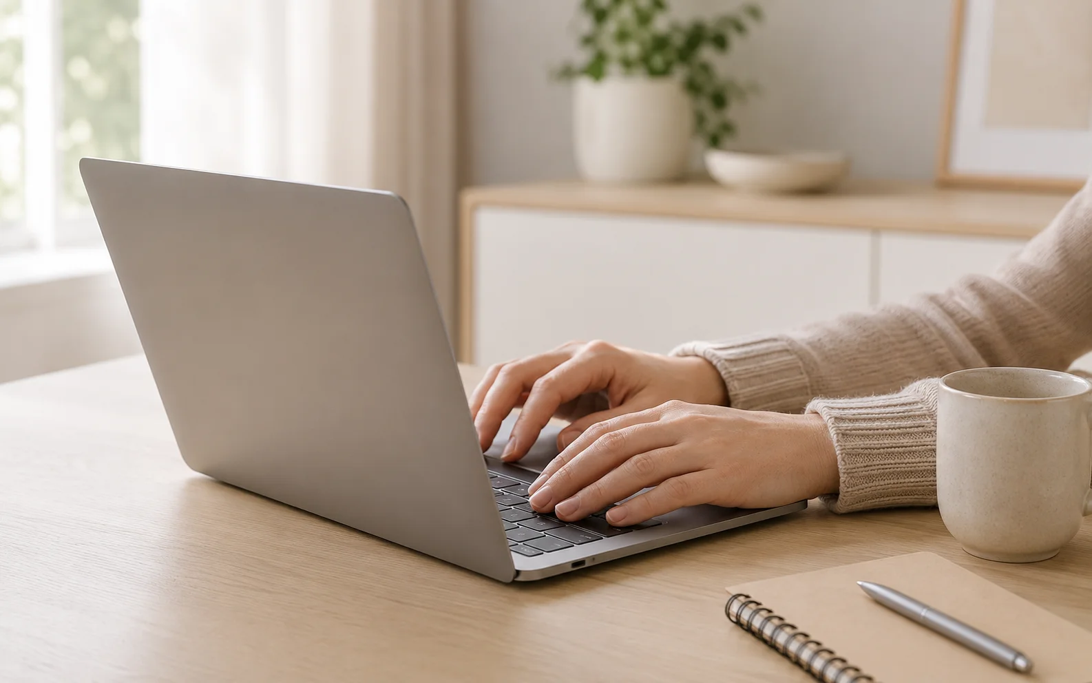 A person's hands using a laptop at a clean desk