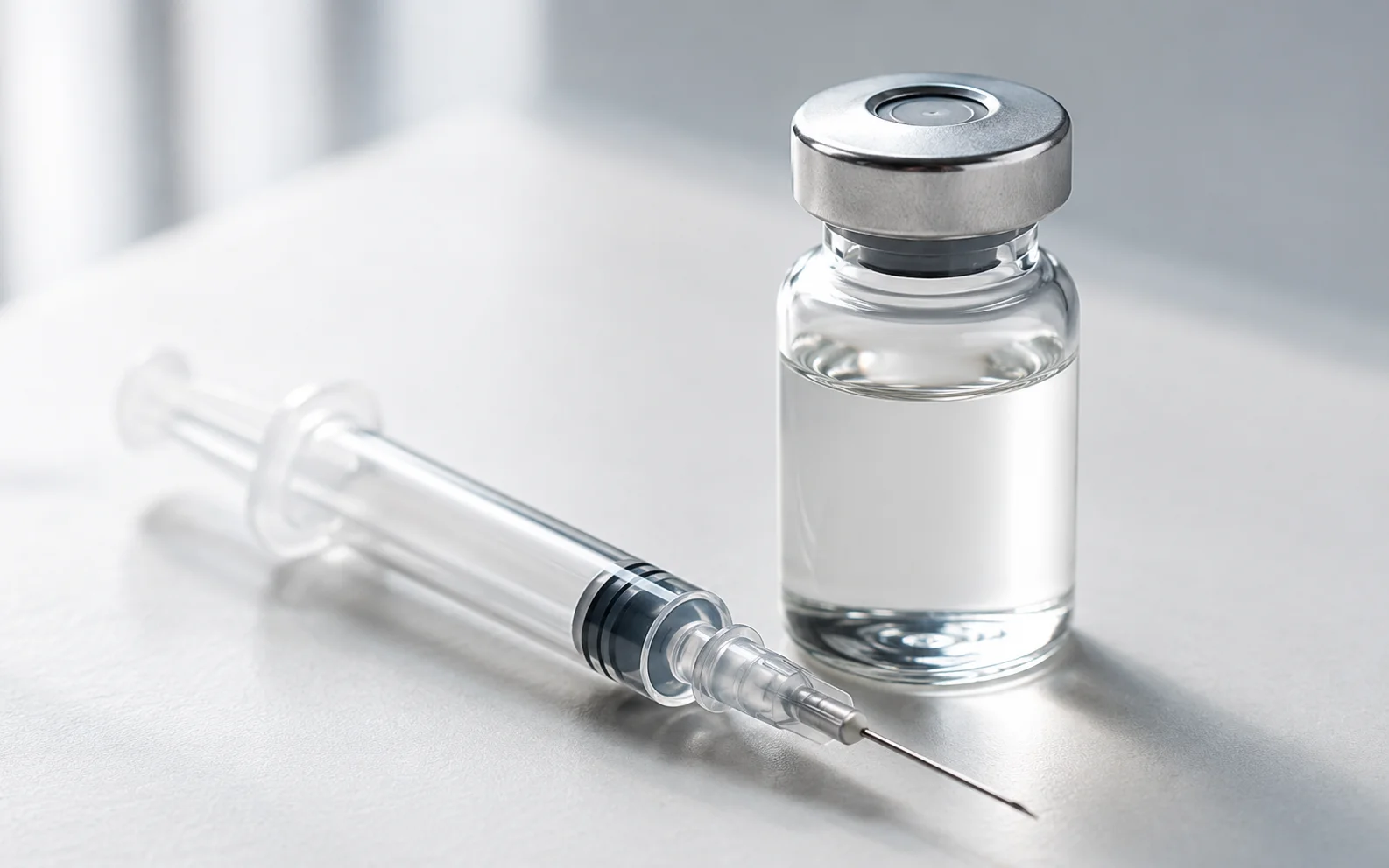 A medical syringe resting beside a plain unmarked medication vial on a clean clinical surface