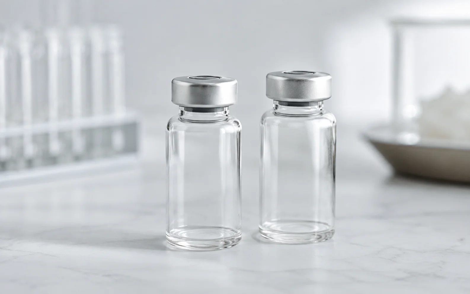 Two plain unmarked medication vials standing side by side on a clean clinical surface