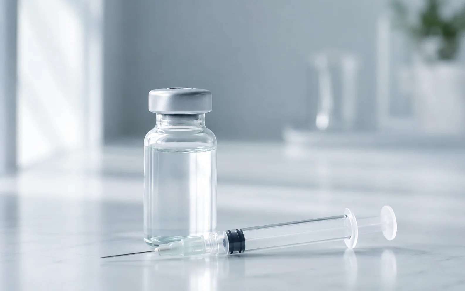 A plain unmarked medication vial and a simple syringe on a clean clinical surface