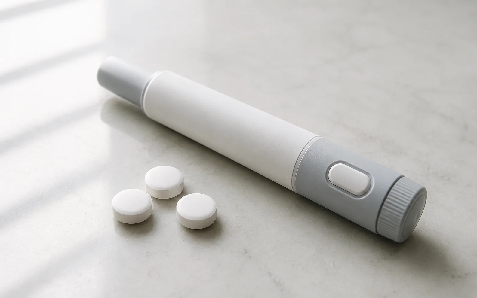 A plain unbranded medical injector pen beside plain unmarked tablets on a clean clinical surface