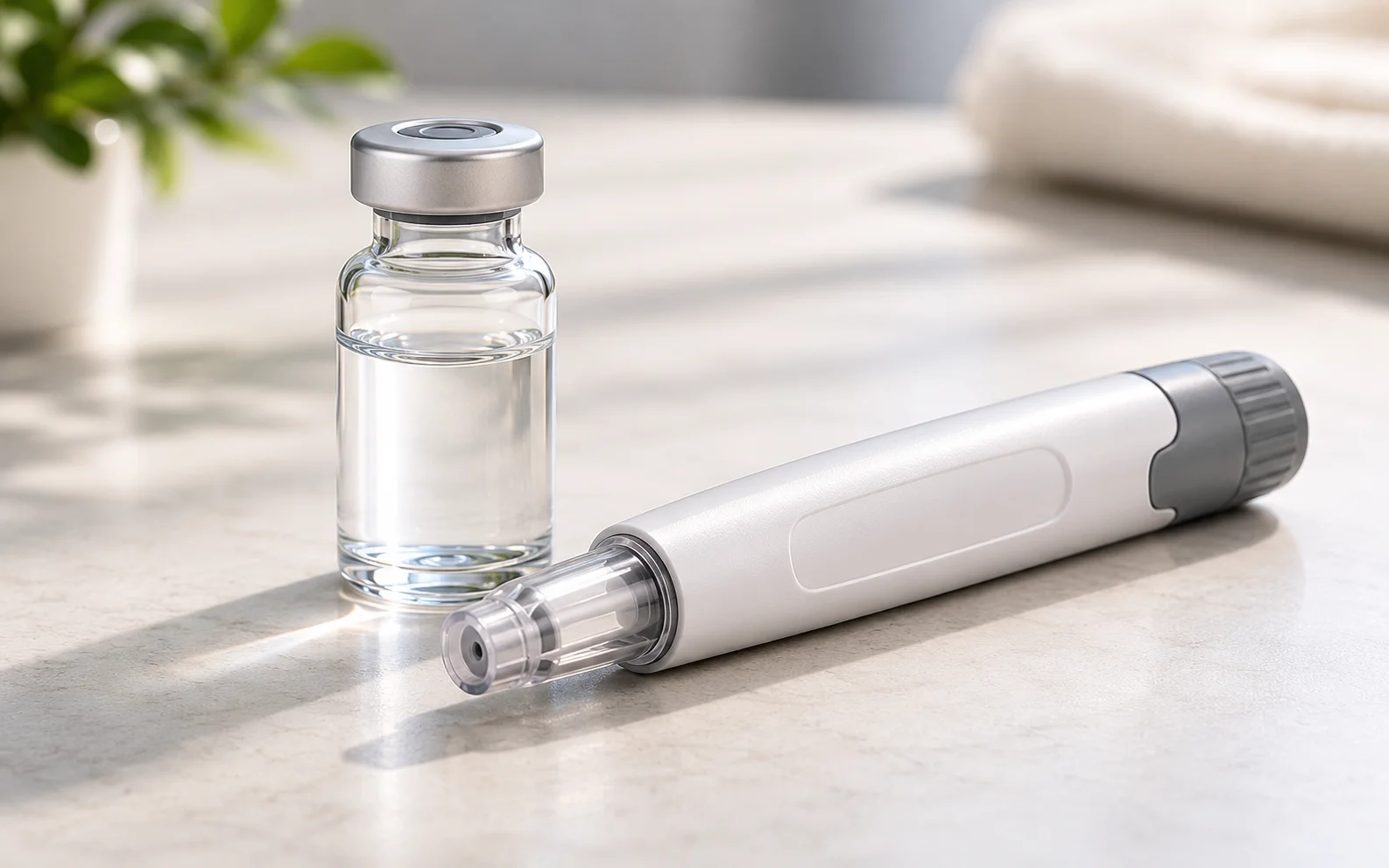 A plain unbranded medical injector pen and a plain unmarked vial on a clean clinical surface