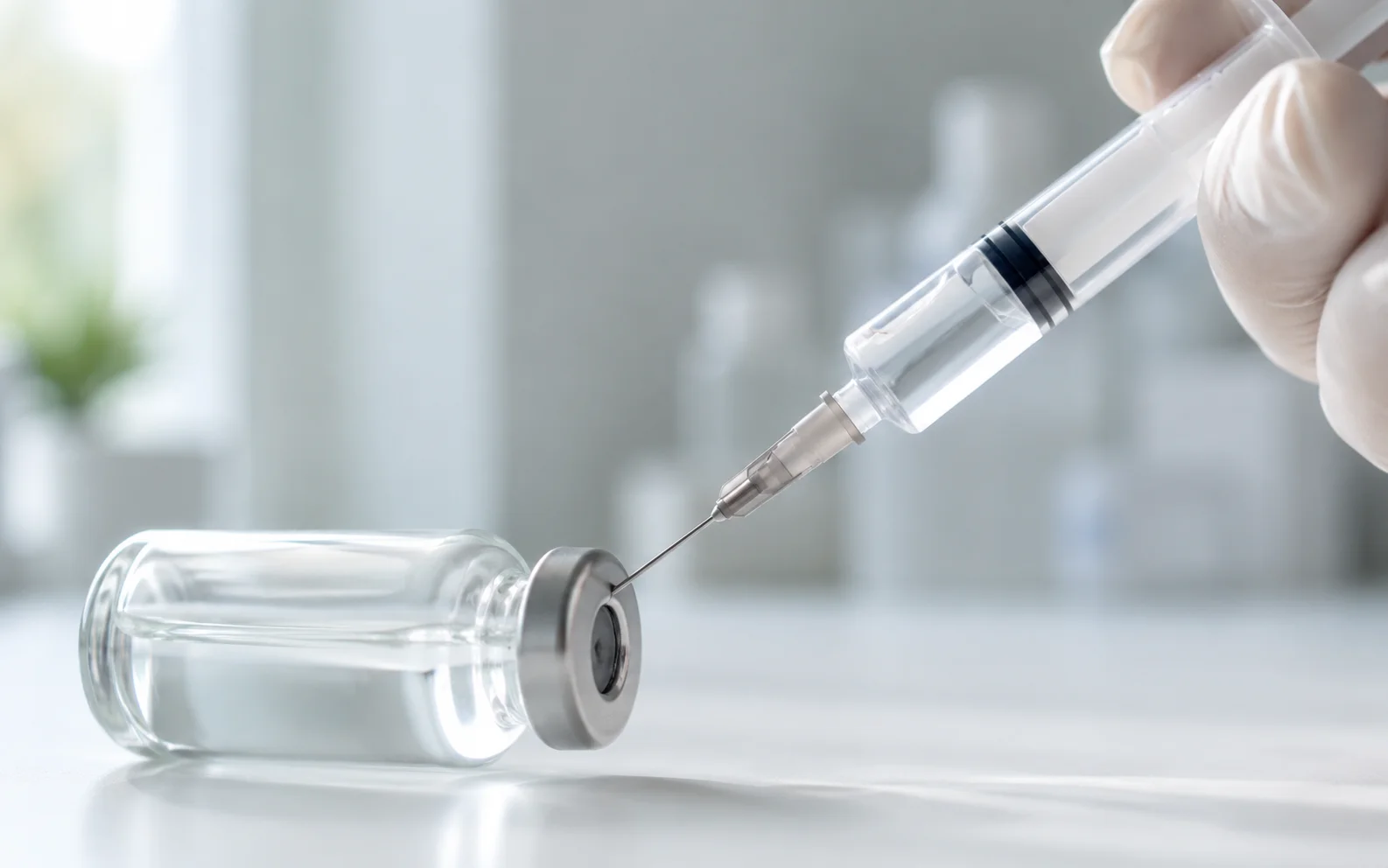 A close-up of a medical syringe drawing liquid from a plain unmarked single-dose vial