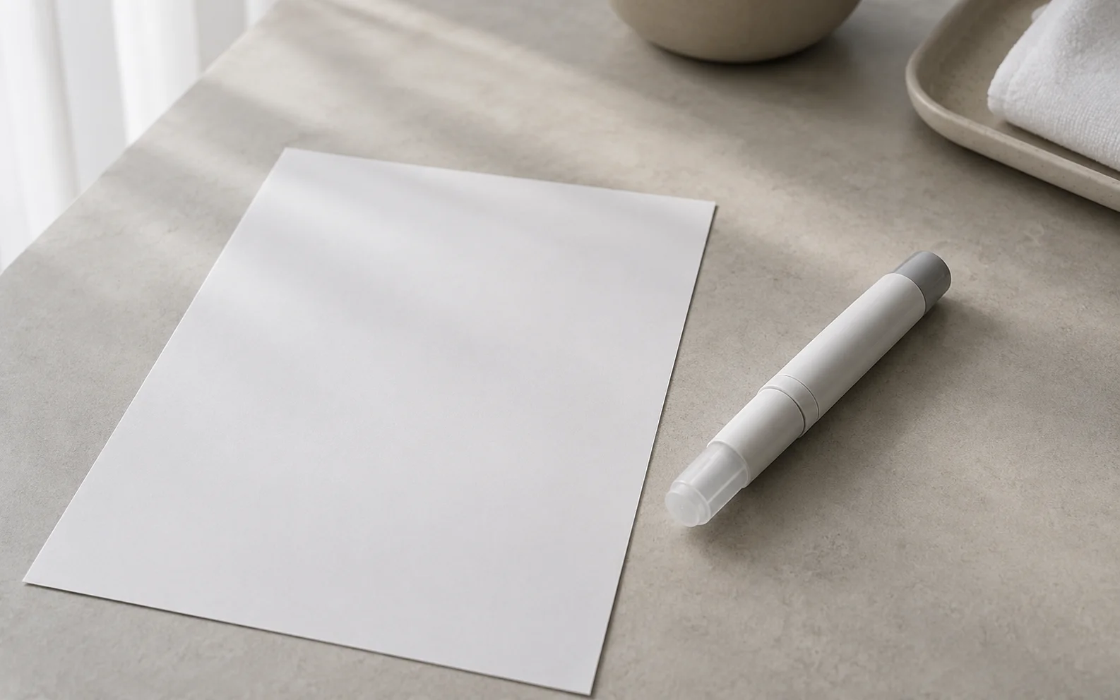 A plain unbranded medical injector pen resting on a calm neutral surface beside a blank document