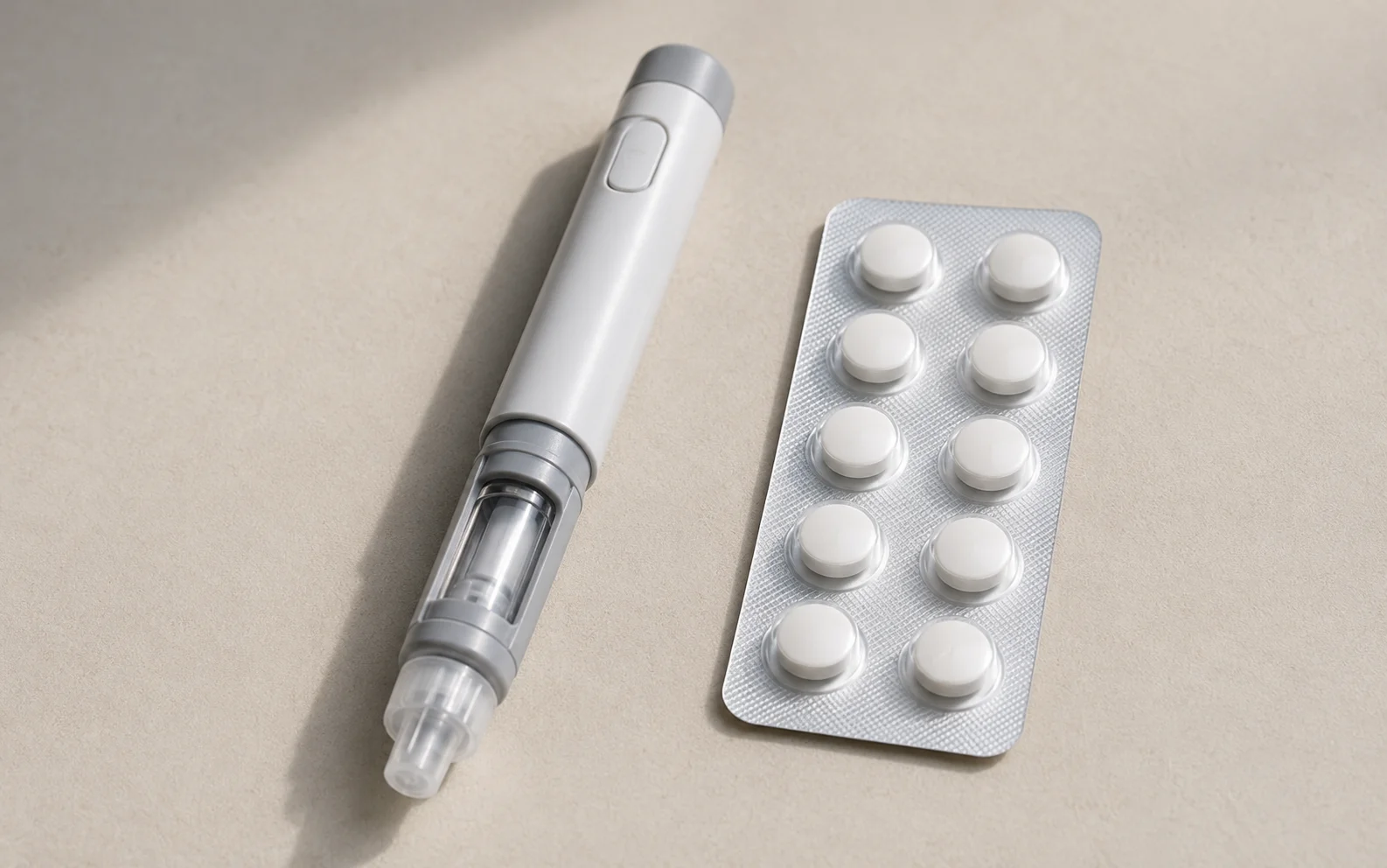 A plain unbranded medical injector pen and a plain blister pack of pills side by side on a neutral surface