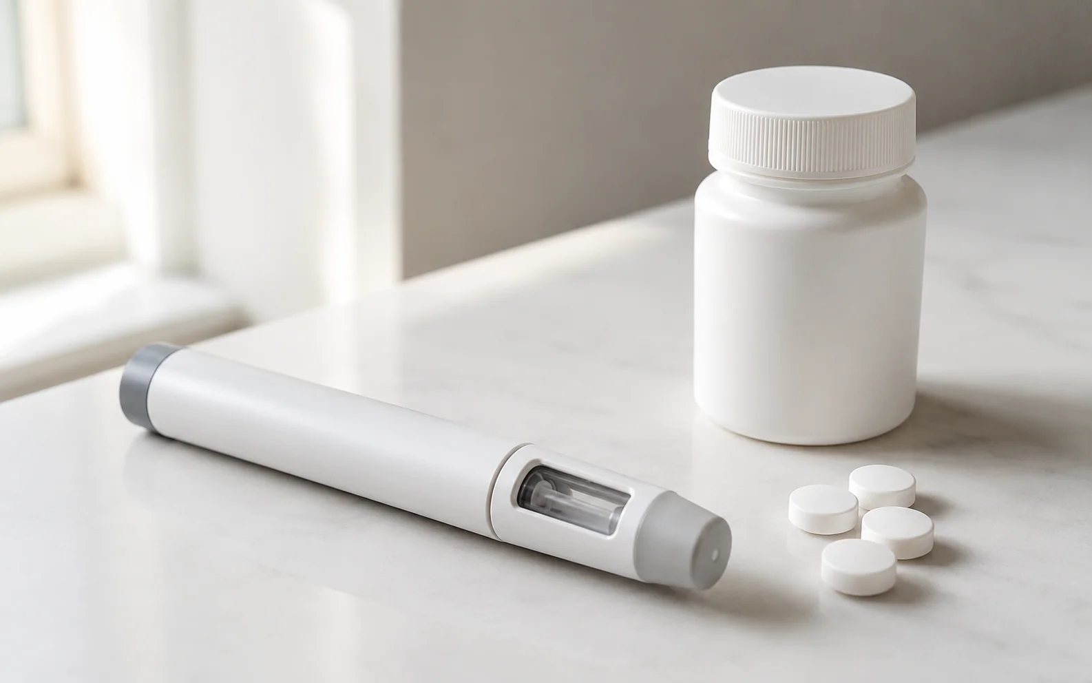 A plain unbranded medical injector pen beside a small plain pill bottle on a clean clinical surface