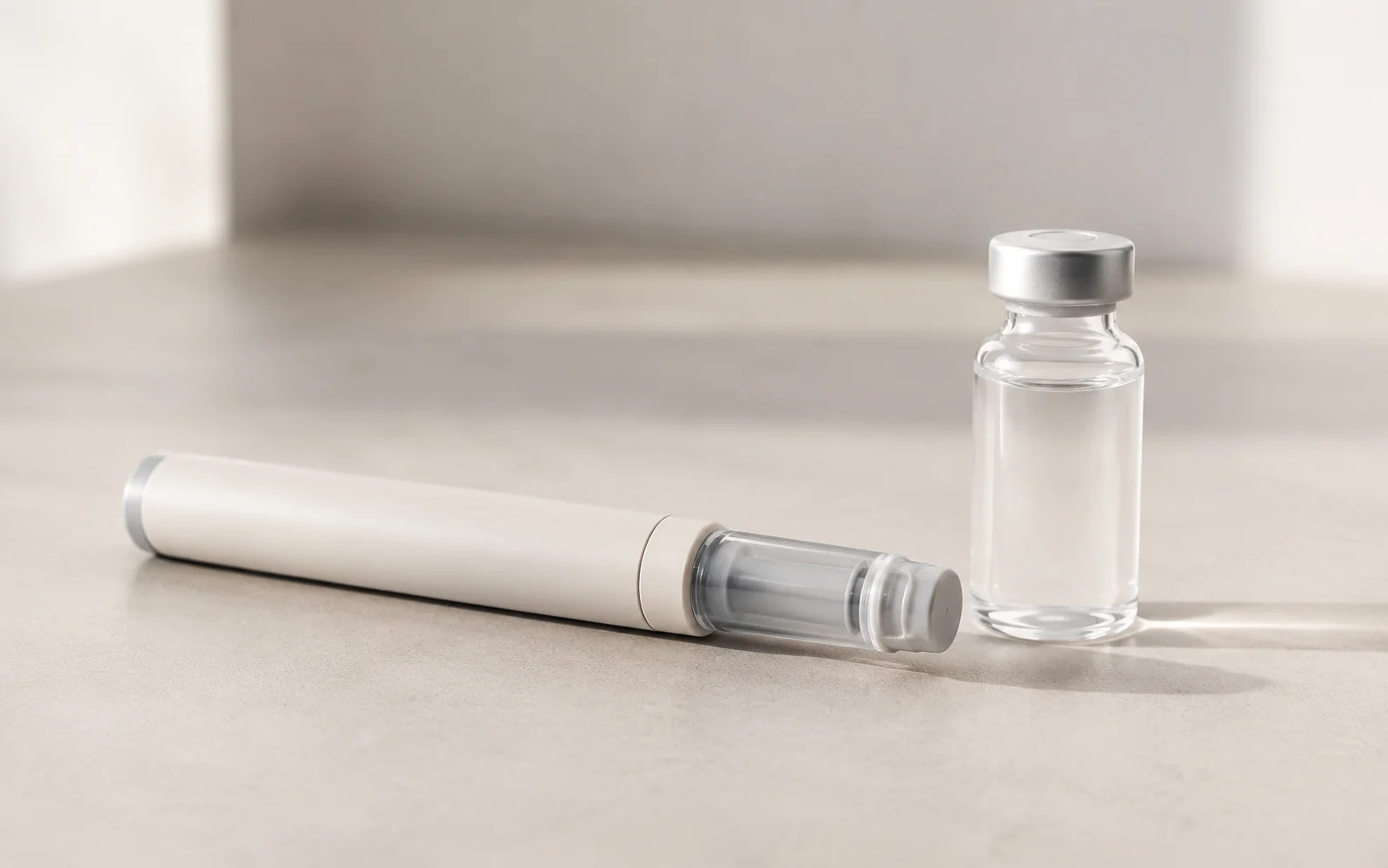 A plain unbranded medical injector pen and a plain vial on a clean neutral surface